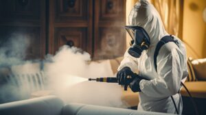 Control de plagas en Valencia - hombre fumigando con traje hogar